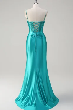 Pavão Sereia Corset Espaghetti Correias Longo Vestido de Baile com Fenda