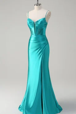 Pavão Sereia Corset Espaghetti Correias Longo Vestido de Baile com Fenda
