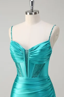 Pavão Sereia Corset Espaghetti Correias Longo Vestido de Baile com Fenda