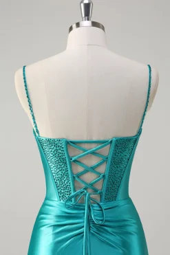 Pavão Sereia Corset Espaghetti Correias Longo Vestido de Baile com Fenda