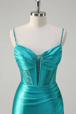 Pavão Sereia Corset Espaghetti Correias Longo Vestido de Baile com Fenda