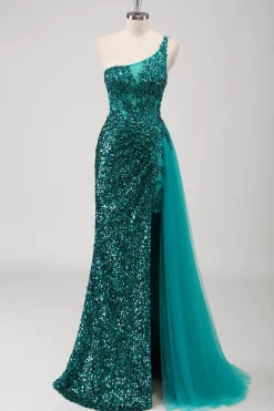 Pavão Sereia Verde Um Ombro Corset Sequins Long Prom Dress com Fenda