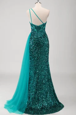 Pavão Sereia Verde Um Ombro Corset Sequins Long Prom Dress com Fenda