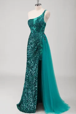 Pavão Sereia Verde Um Ombro Corset Sequins Long Prom Dress com Fenda