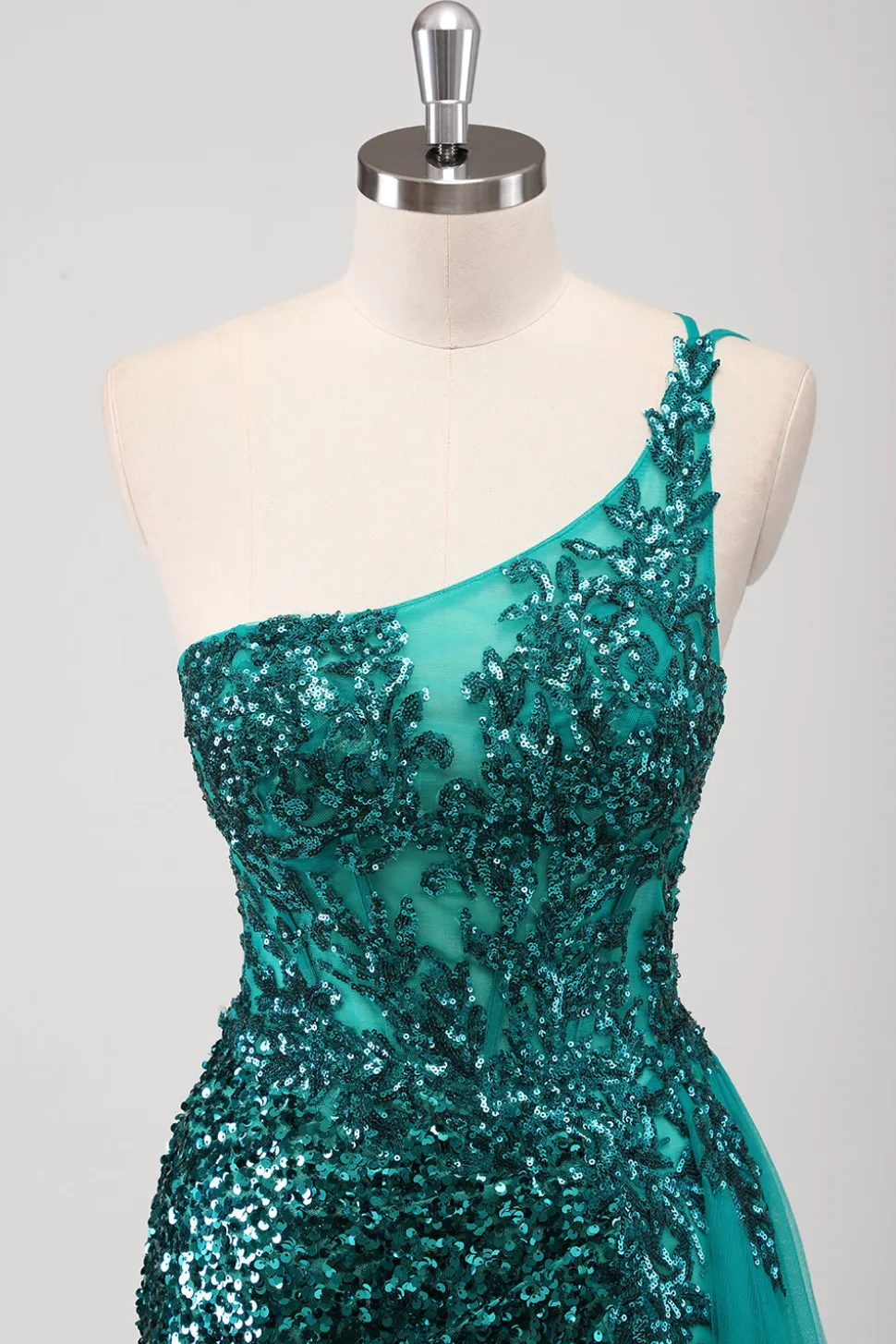 Pavão Sereia Verde Um Ombro Corset Sequins Long Prom Dress com Fenda
