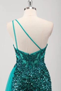 Pavão Sereia Verde Um Ombro Corset Sequins Long Prom Dress com Fenda