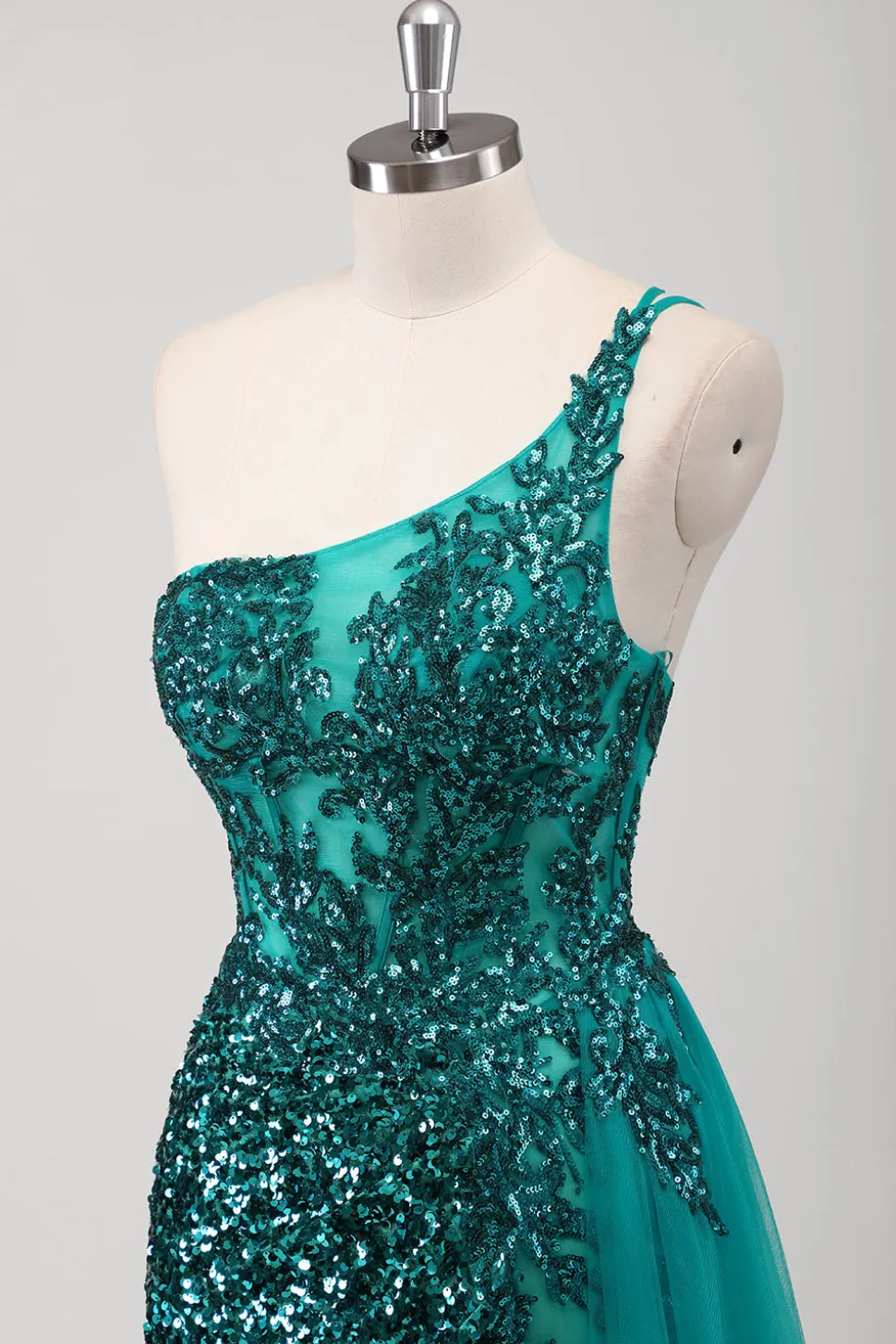 Pavão Sereia Verde Um Ombro Corset Sequins Long Prom Dress com Fenda