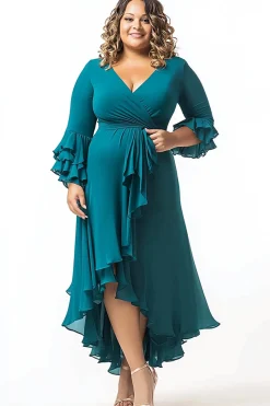 Pavão V Pescoço Assimétrico Plus Size Mãe do Vestido da Noiva com Mangas Folhos