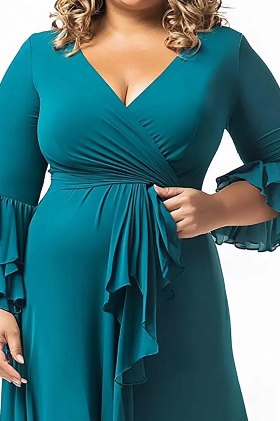 Pavão V Pescoço Assimétrico Plus Size Mãe do Vestido da Noiva com Mangas Folhos