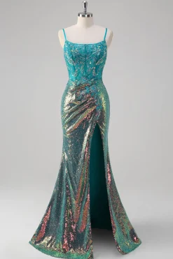 Pavão Verde Sereia Esparguete Correias Corset Sequined Prom Dress