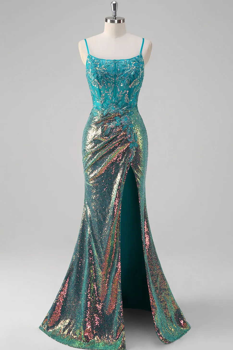 Pavão Verde Sereia Esparguete Correias Corset Sequined Prom Dress