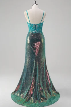 Pavão Verde Sereia Esparguete Correias Corset Sequined Prom Dress