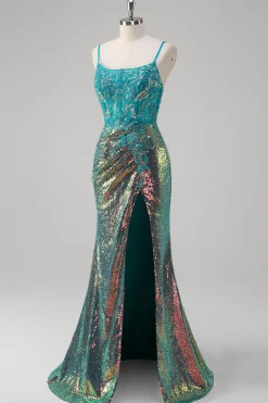 Pavão Verde Sereia Esparguete Correias Corset Sequined Prom Dress