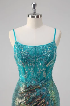 Pavão Verde Sereia Esparguete Correias Corset Sequined Prom Dress