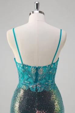 Pavão Verde Sereia Esparguete Correias Corset Sequined Prom Dress