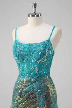Pavão Verde Sereia Esparguete Correias Corset Sequined Prom Dress
