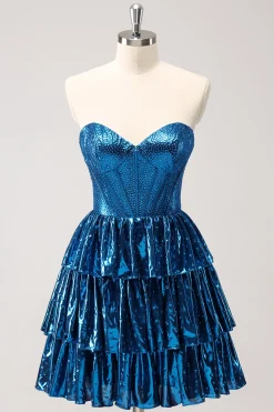 Peacock Blue A Line Strapless Corset Tiered Vestido Curto Homecoming