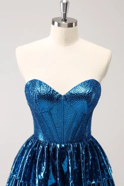 Peacock Blue A Line Strapless Corset Tiered Vestido Curto Homecoming