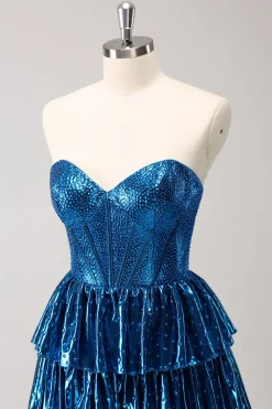 Peacock Blue A Line Strapless Corset Tiered Vestido Curto Homecoming