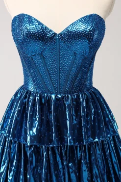 Peacock Blue A Line Strapless Corset Tiered Vestido Curto Homecoming