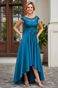 Peacock Blue A-Line Bateau Neck Ruched Mãe do Vestido da Noiva com Apliques de Renda