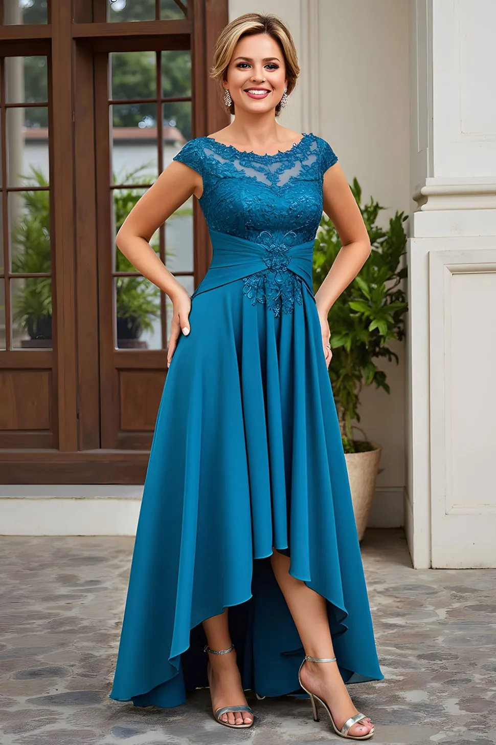 Peacock Blue A-Line Bateau Neck Ruched Mãe do Vestido da Noiva com Apliques de Renda