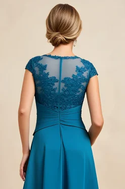 Peacock Blue A-Line Bateau Neck Ruched Mãe do Vestido da Noiva com Apliques de Renda