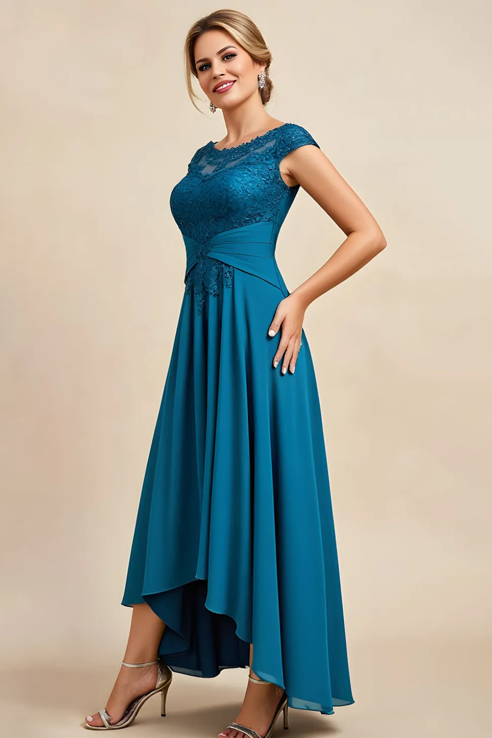 Peacock Blue A-Line Bateau Neck Ruched Mãe do Vestido da Noiva com Apliques de Renda