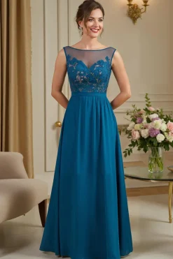 Peacock Blue A-Line Illusion Neck Long Mãe do Vestido da Noiva com Apliques de Renda