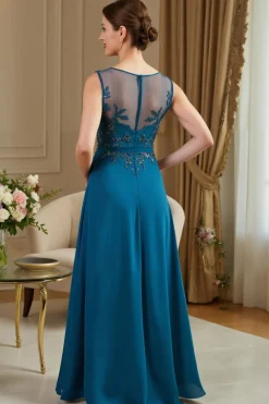 Peacock Blue A-Line Illusion Neck Long Mãe do Vestido da Noiva com Apliques de Renda