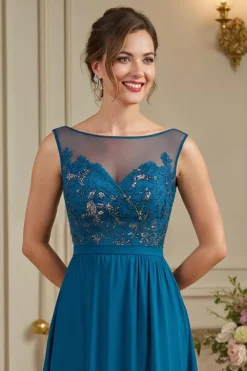 Peacock Blue A-Line Illusion Neck Long Mãe do Vestido da Noiva com Apliques de Renda