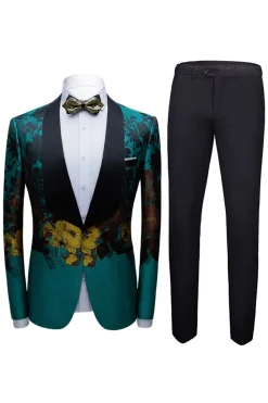 Peacock Green 2 Peças Jacquard Xale Lapela Ternos Masculinos