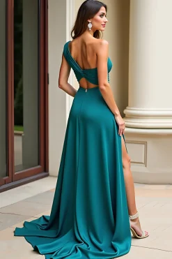 Peacock Green A Line One Shoulder Ruched Long Prom Dress With Slit