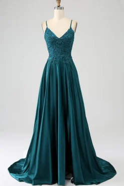 Peacock Green A-Line Espaghetti Correias Vestido Longo Baile de Formatura com Fenda