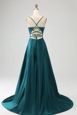 Peacock Green A-Line Espaghetti Correias Vestido Longo Baile de Formatura com Fenda
