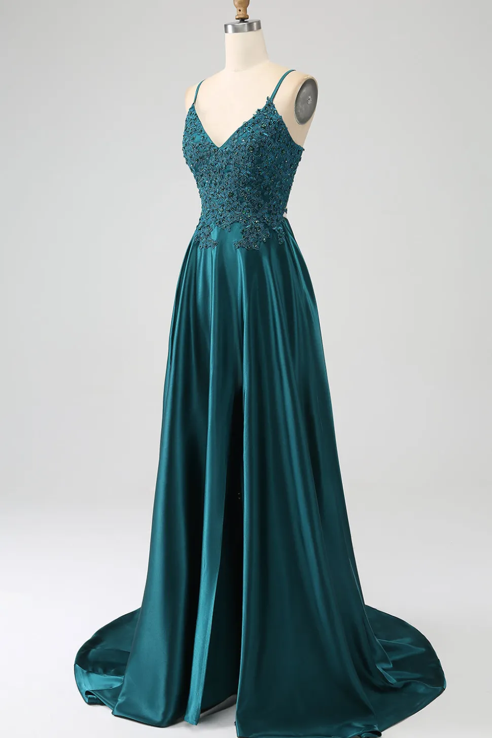 Peacock Green A-Line Espaghetti Correias Vestido Longo Baile de Formatura com Fenda