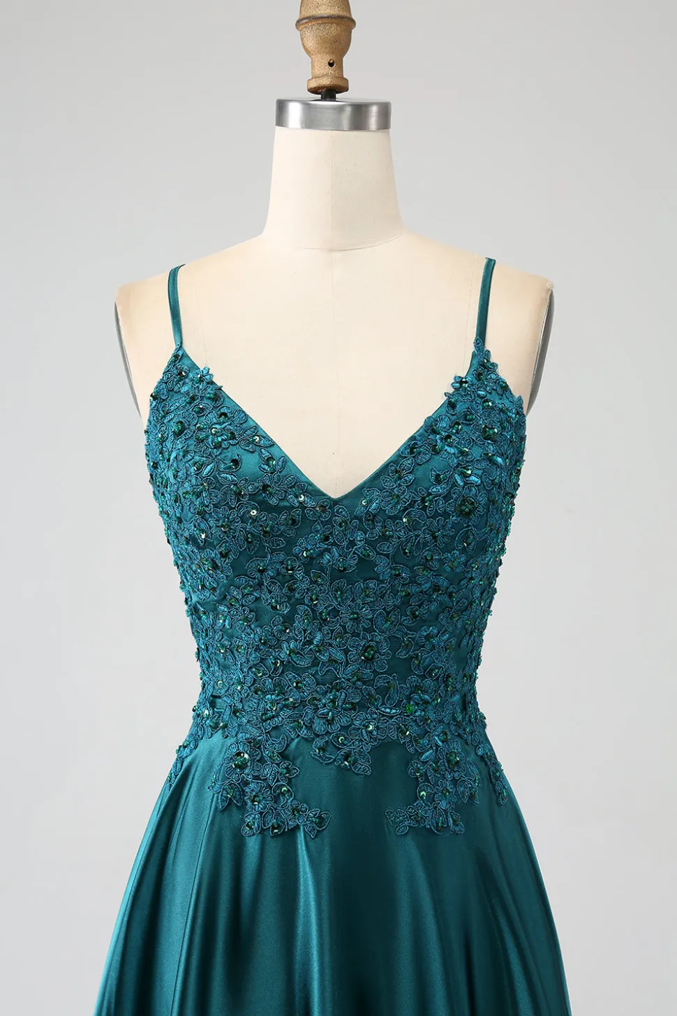 Peacock Green A-Line Espaghetti Correias Vestido Longo Baile de Formatura com Fenda