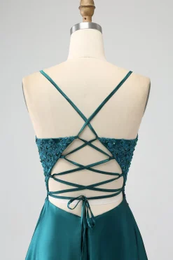 Peacock Green A-Line Espaghetti Correias Vestido Longo Baile de Formatura com Fenda