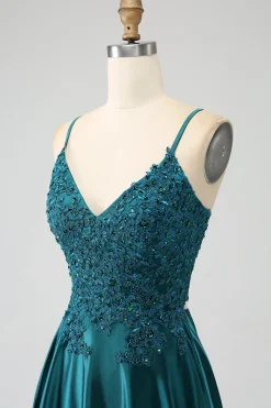 Peacock Green A-Line Espaghetti Correias Vestido Longo Baile de Formatura com Fenda