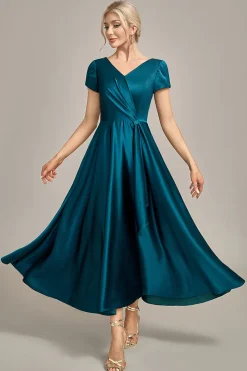 Peacock Green Satin V-neck A-line Plissado Mãe do Vestido da Noiva