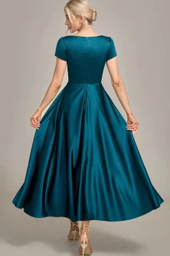 Peacock Green Satin V-neck A-line Plissado Mãe do Vestido da Noiva