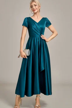 Peacock Green Satin V-neck A-line Plissado Mãe do Vestido da Noiva