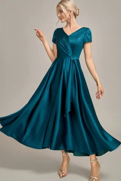 Peacock Green Satin V-neck A-line Plissado Mãe do Vestido da Noiva