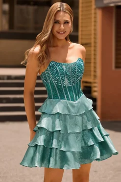 Peacock Verde A-Line Corset Tiered Strapless Homecoming Vestido