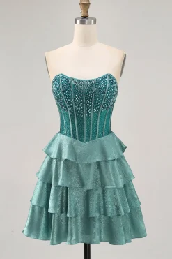 Peacock Verde A-Line Corset Tiered Strapless Homecoming Vestido