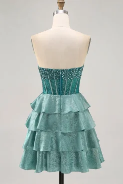 Peacock Verde A-Line Corset Tiered Strapless Homecoming Vestido