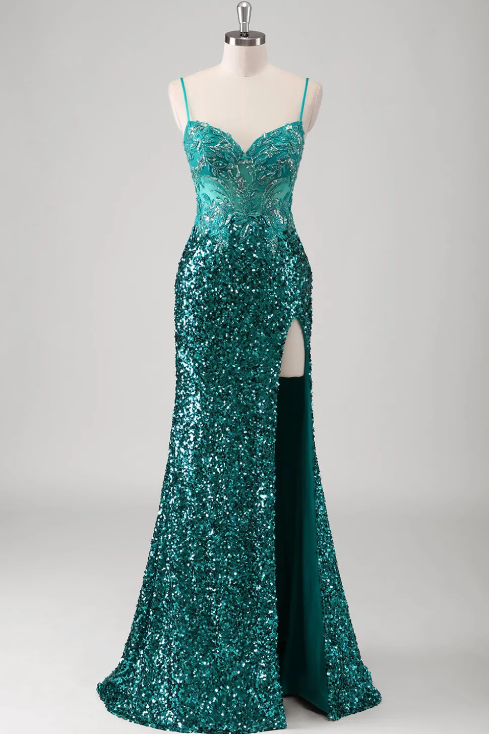 Peacock verde sereia espaguete alças longo vestido de baile com lantejoulas