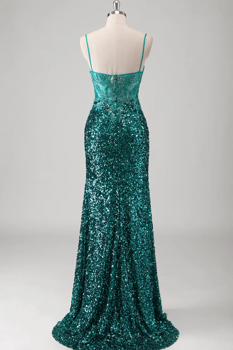 Peacock verde sereia espaguete alças longo vestido de baile com lantejoulas