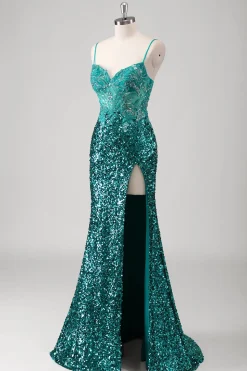 Peacock verde sereia espaguete alças longo vestido de baile com lantejoulas
