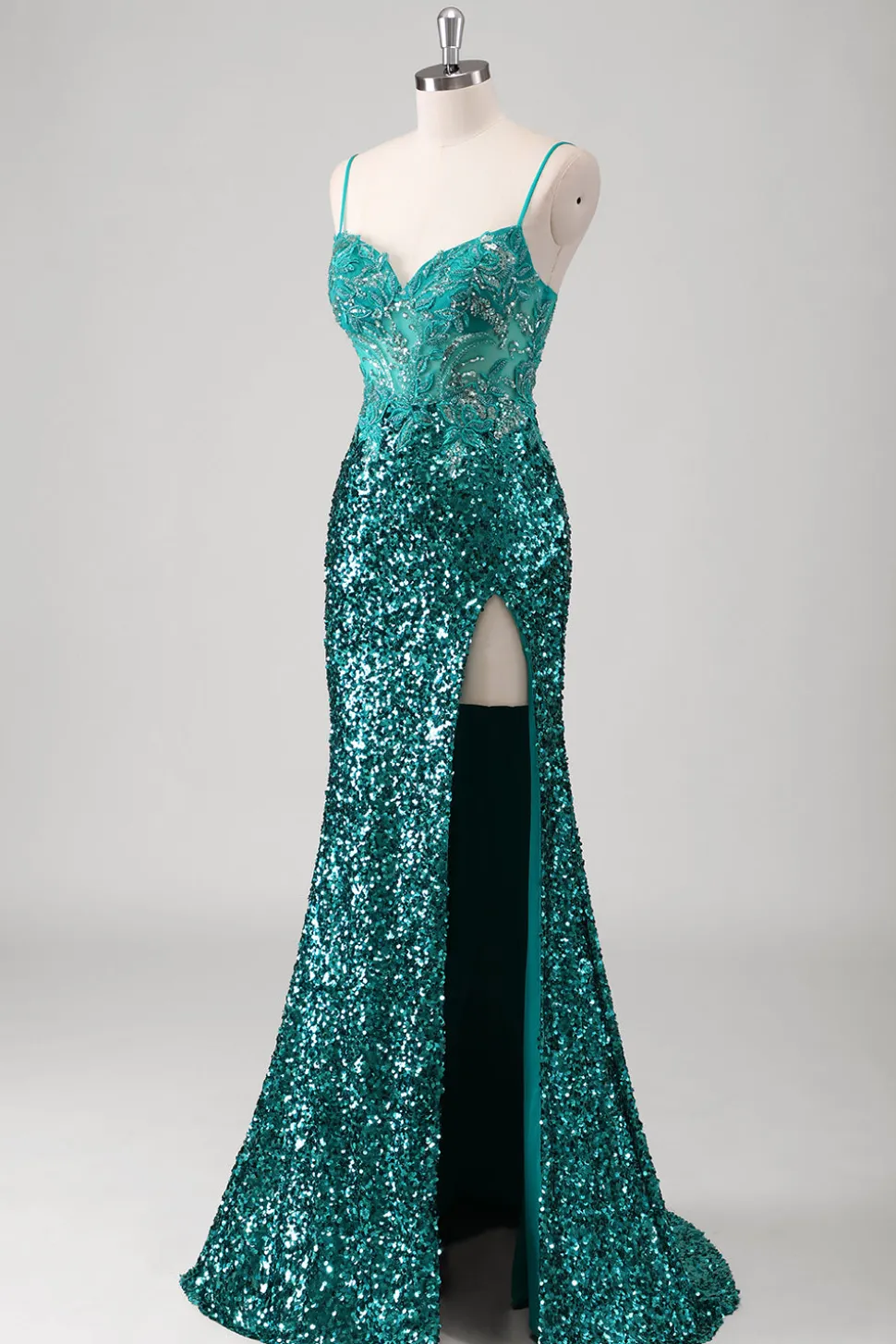 Peacock verde sereia espaguete alças longo vestido de baile com lantejoulas
